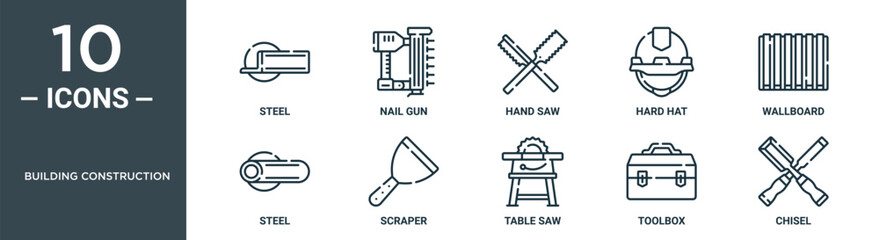 building construction outline icon set includes thin line steel, nail gun, hand saw, hard hat, wallboard, steel, scraper icons for report, presentation, diagram, web design - obrazy, fototapety, plakaty