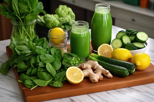 Fresh Ingredients For A Green Juice Smoothie Arranged On A Table