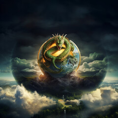 Green dragon flying in the sky