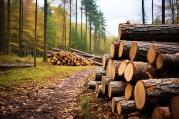 piles of cut logs at a forest edge