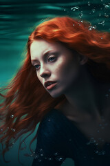 Beautiful red-haired girl underwater. Mermaid in blue water. Green background. Hair developing in a wave. - 666461376