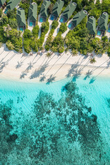 Aerial top view beach. Tropical beach white sand turquoise sea palm trees shadows sunlight. Drone luxury resort villas pools. Paradise travel destination best vacation landscape. Amazing nature island