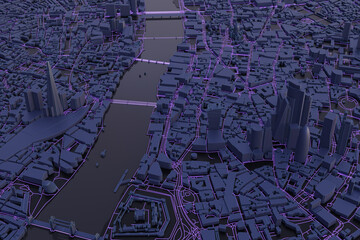 Aerial view of downtown London, UK. Low poly miniature city with dark 3d buildings. Concept for internet, traffic, smart city, digitization. 