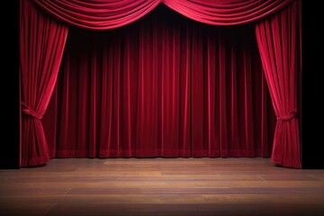 a crimson red theater curtain draped elegantly on a wooden stage