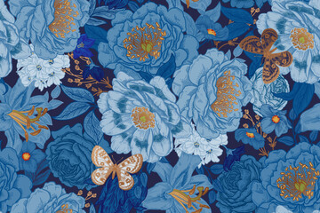 Navy blue pattern. Seamless floral background. Vector - 666462144