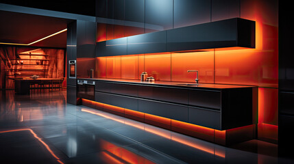 Minimalist interior design of metal neon modern kitchen.
