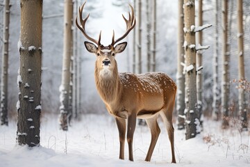 Naklejka na ściany i meble Deer in snowy forest, winter background. Generative AI