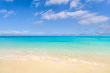 Sunshine beach landscape. Relax closeup sand sea waves cloudy sky horizon. Tranquil freedom...