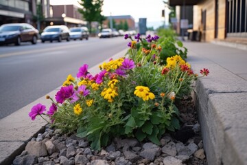 flower bed in the middle of concrete sidewalk in a city
