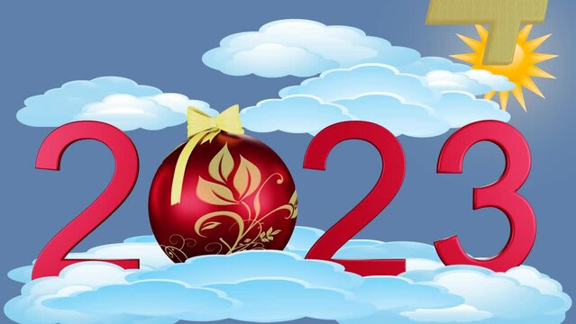Filmato. Illustrazione 3D. Anno nuovo 2024. Capodanno 2024 in numeri. Il 2024, con decorazione di Natale,  sostituisce il 2023. Sfondo di cielo e nuvole..