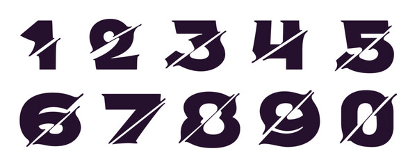 Fototapeta premium 0 to 9 logos. Numbers set with cyber distortion, shape-shift effect. Double exposure font. Glitch illusion icon. Monochrome type for futuristic tech heading, music poster, vibrant sale banner.
