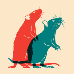 Colored silhouettes of two rats. Vector illustration with risograph print effect. Element for the design of t-shirts, posters, postcards, clothes