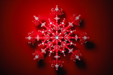 Art of snowflake shape on dark red background, intricate ornament design.