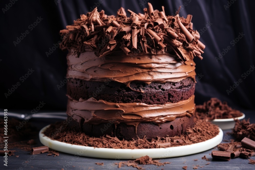 Poster a four-tiered chocolate cake covered with curled chocolate shavings