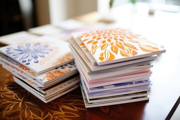 stack of wedding invitations spread out on a white table - obrazy, fototapety, plakaty