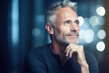 Deep Contemplation: Middle-aged man gazing into the distance with a thoughtful expression - AI Generated