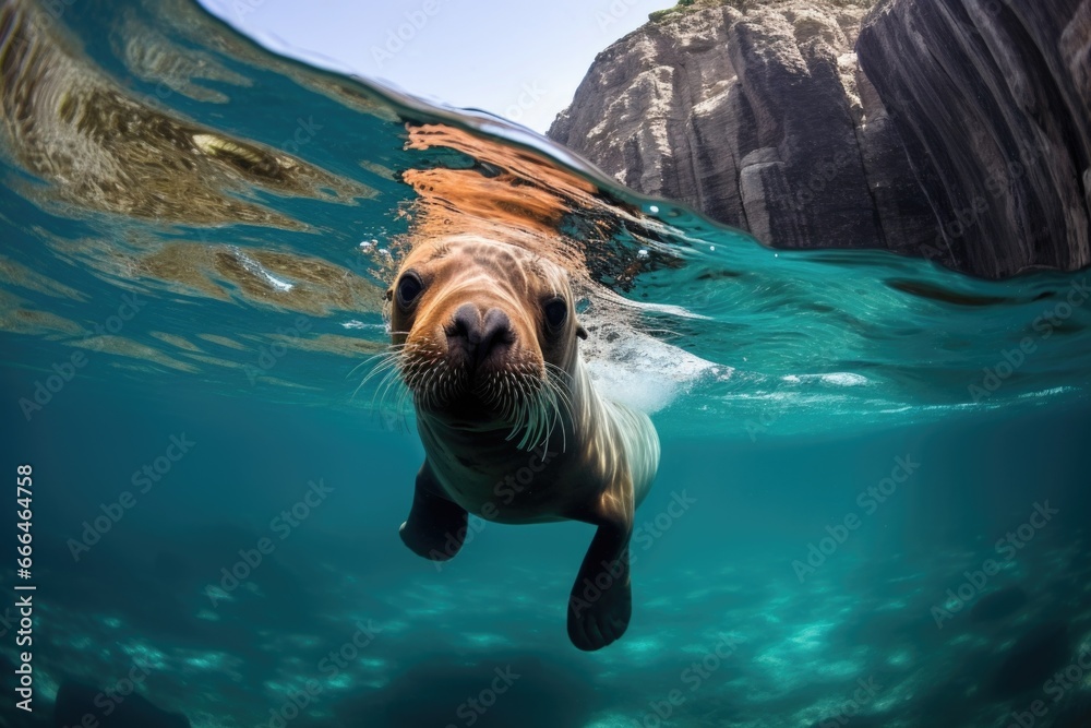 Canvas Prints a playful sea lion in turquoise coastal waters