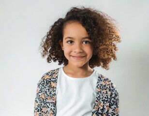 a professional portrait studio photo of girl child with curly Brown hair; mixed face person
