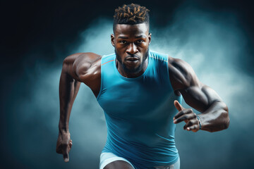Fototapeta na wymiar Sheer Determination: Athletic man in a starting sprinter's position, ready to race forward - AI Generated