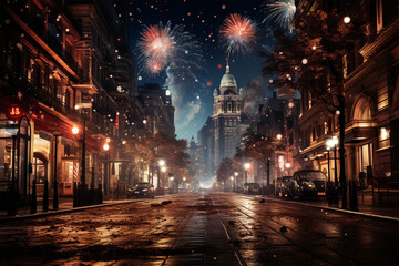 Fototapeta na wymiar Night in town celebrating new year