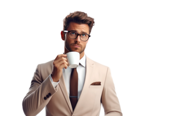 Realistic Portrait of a Young Thoughtful Businessman on White or PNG Transparent Background.