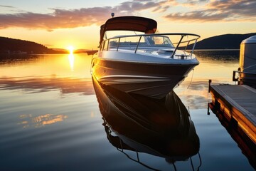 motorboat docked during sunset with light reflection on water - obrazy, fototapety, plakaty