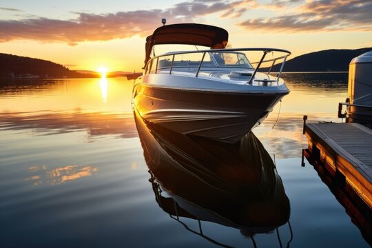 motorboat docked during sunset with light reflection on water