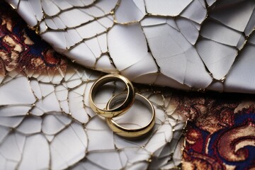 cracked wedding rings on a white satin pillow - Powered by Adobe