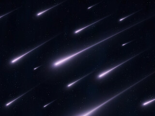 Meteor trails, bright stream of meteors, meteor shower in the sky, flashes of meteorites, falling fireballs.