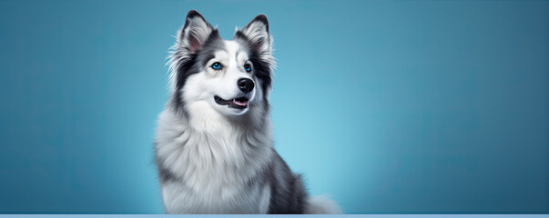 Dog portrait on blue background.