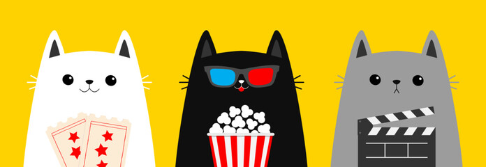 Black cat set holding popcorn, clapper board, tickets. Cinema theater. Kitten watching movie in 3D glasses. Cute cartoon kawaii funny character. Film show. Flat design. White background.