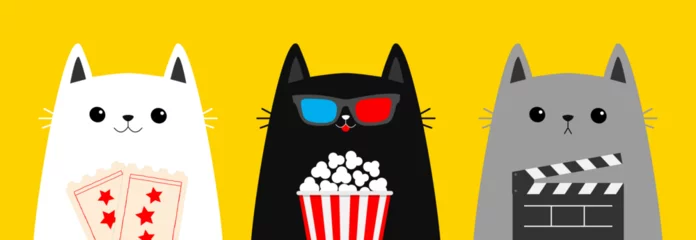 Foto op Plexiglas Black cat set holding popcorn, clapper board, tickets. Cinema theater. Kitten watching movie in 3D glasses. Cute cartoon kawaii funny character. Film show. Flat design. White background. © worldofvector