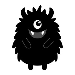 Happy Halloween. Black monster silhouette face head icon. Horns, eye, tongue, tooth fang, ears, hands. Cute cartoon kawaii scary funny smiling baby character. Flat design. White background. Isolated.