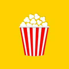 Popcorn icon. Red white red strip box. Cinema movie night. Pop corn food. Cute movie cinema banner decoration template. Flat design style. Isolated. Yellow background.
