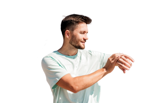 An athlete in a T-shirt uses a fitness watch and a running app. A slender man does sports for health.