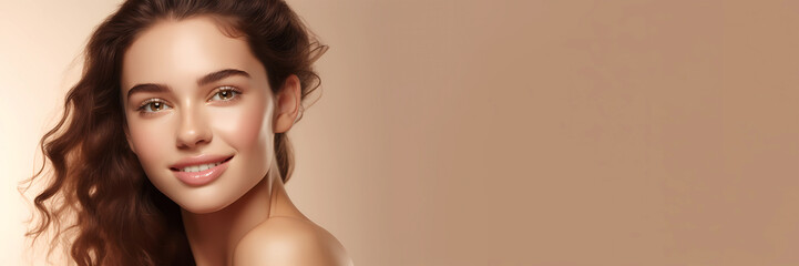 Fototapeta premium Close up beauty portrait of a beautiful woman on beige background. Natural Beauties with fresh and clean skin for glowing healthy skin care promotion, with copy space