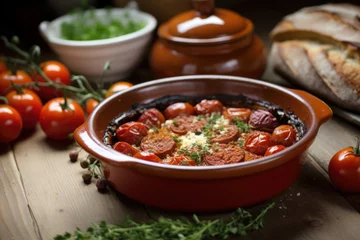 Foto op Canvas oven-baked chorizo served on rustic earthenware © altitudevisual