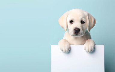 Baby labrador puppy with blank board on a pastel blue background. Copy space on the left for text, advertising, message, logo - obrazy, fototapety, plakaty