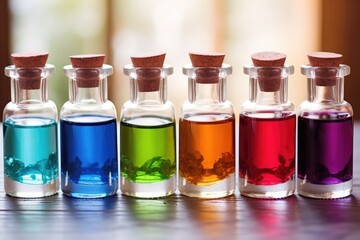 glass bottles filled with different-colored synthesized aromas