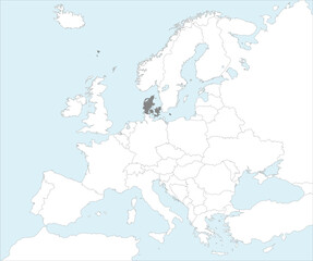 Gray CMYK national map of DENMARK inside detailed white blank political map of European continent on blue background using Mollweide projection