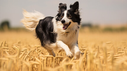 Running border collie in a field side profile