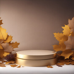 Autumn leaves frame/ Empty podium with calm and elegant autumn atmosphere for product presentation. Mockup for branding, packaging, marketing, web, banner, editorial, printed matter.