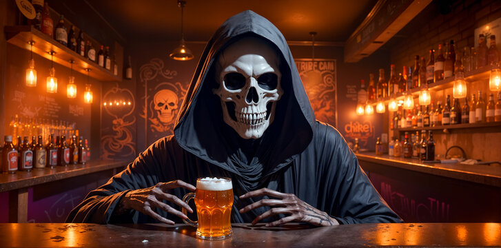Dimly Lit Halloween: Grim Reaper's Ghostly Bar Scene.