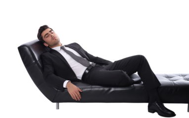 Realistic Businessman Portrait on Black Sofa on White or PNG Transparent Background.