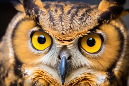 close-up of an owls face showing its round yellow eyes