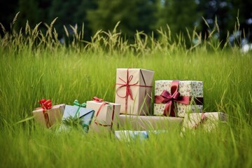 gifts hidden in a thick grass field