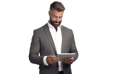 Realistic Businessman Using Tablet Portrait on White or PNG Transparent Background.