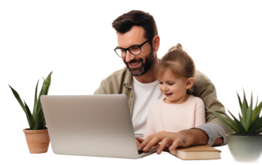 Clean Laptop User Image With Daughter on White or PNG Transparent Background.