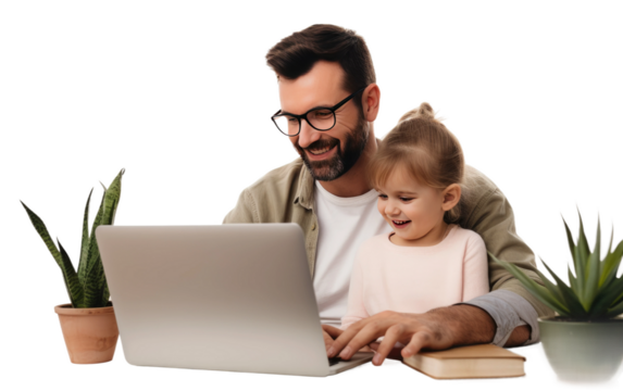 Clean Laptop User Image With Daughter on White or PNG Transparent Background.