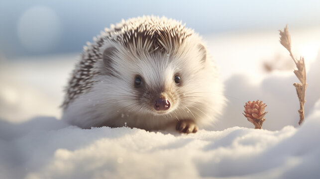 Cute hedgehog in the snow at winter
